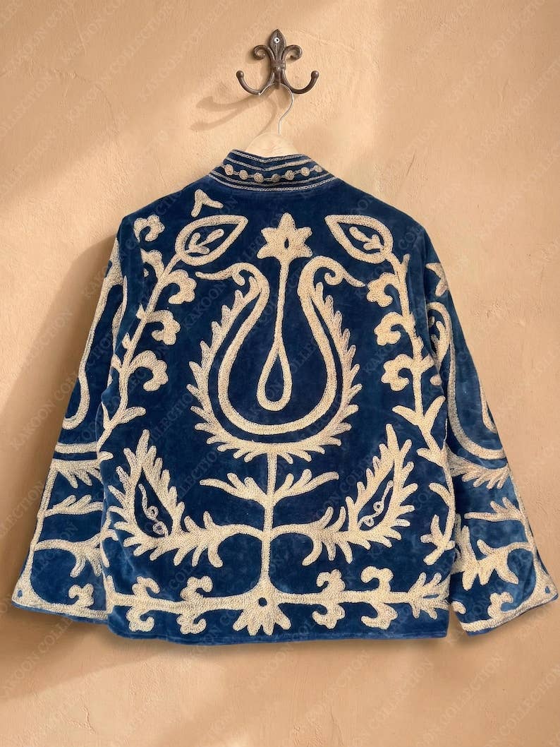 Hand-Embroidered Suzani Velvet Jacket, Blue Paisley Coat
