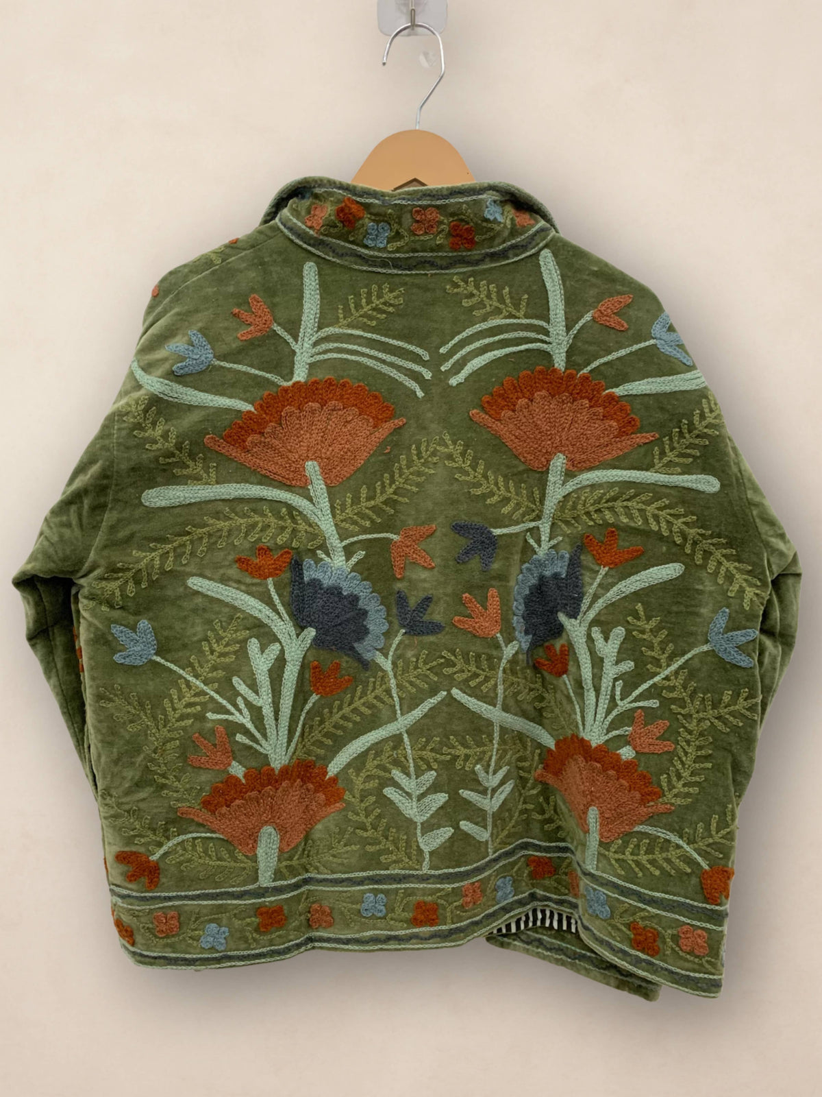 Hand-Embroidered Suzani Velvet Jacket, Green Statement Coat