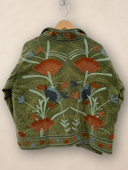 Hand-Embroidered Suzani Velvet Jacket, Green Statement Coat