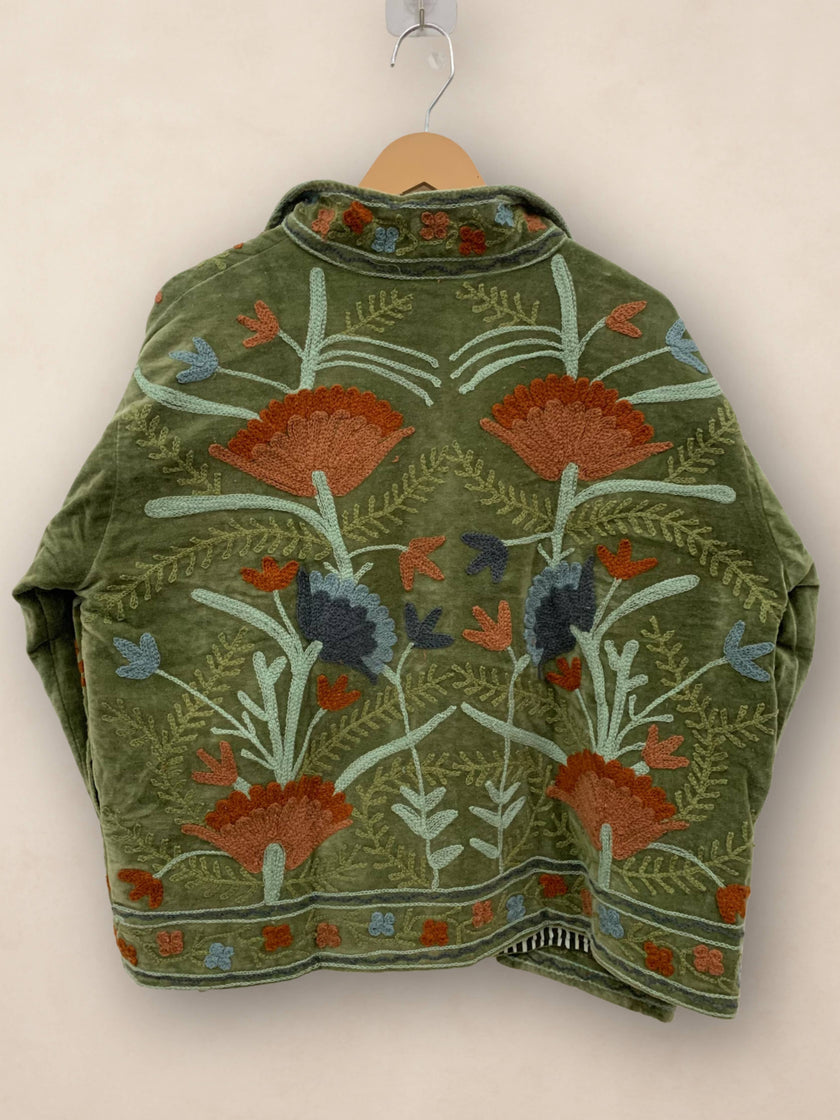 Hand-Embroidered Suzani Velvet Jacket, Green Statement Coat