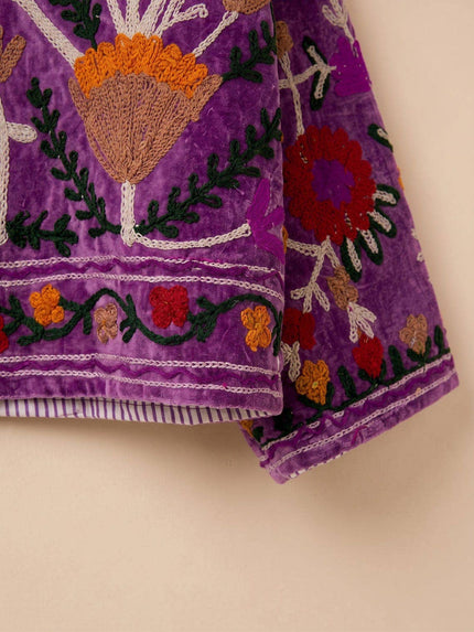 Hand-Embroidered Suzani Velvet Jacket, Floral Boho Coat