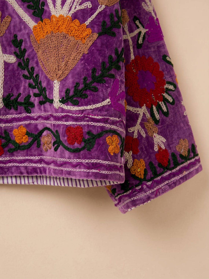 Hand-Embroidered Suzani Velvet Jacket, Floral Boho Coat