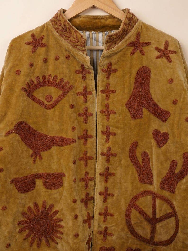 Suzani Embroidered Gold Velvet Jacket — Handmade Boho Statem