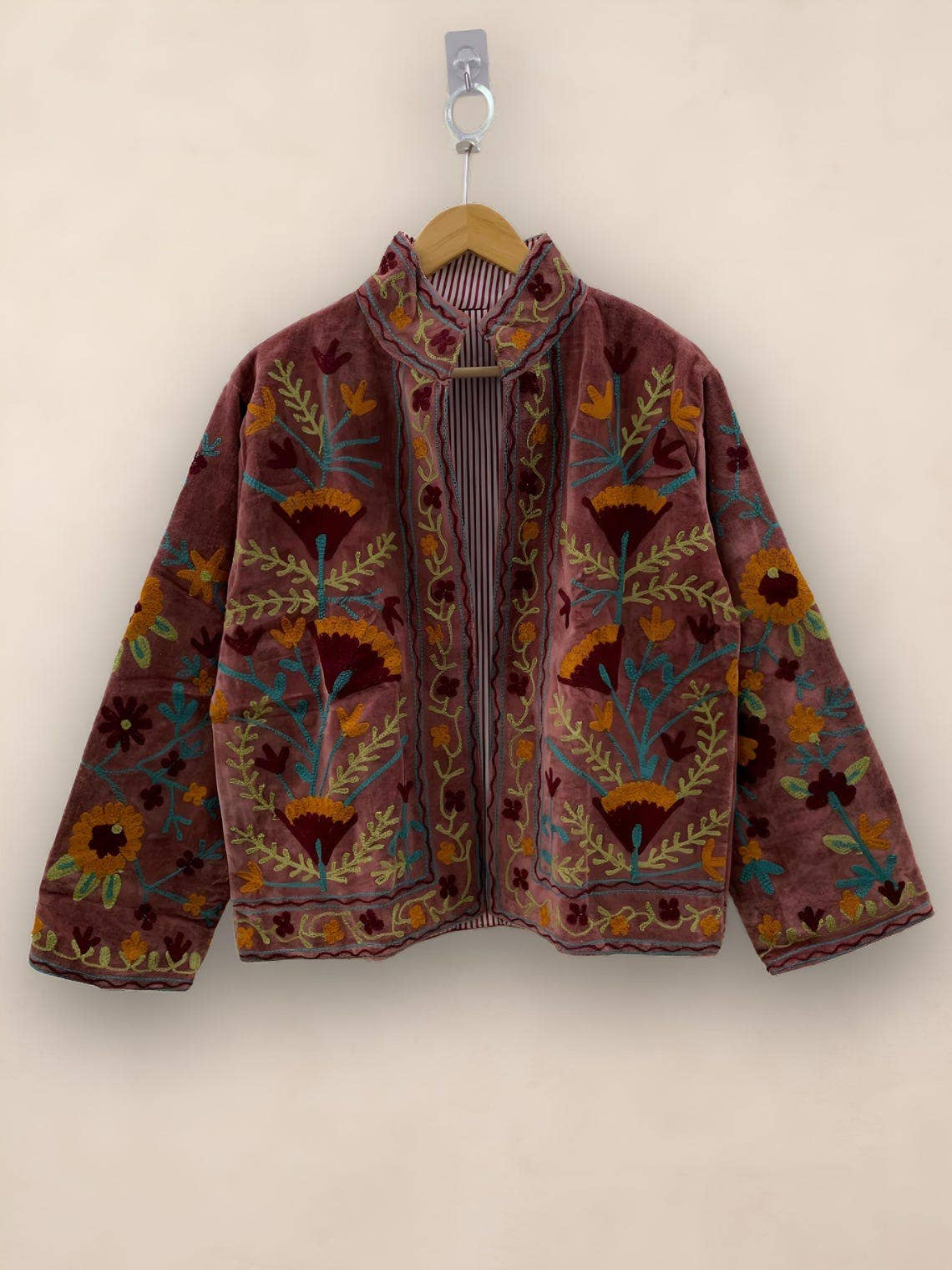 Hand-Embroidered Suzani Velvet Jacket, Rosewood Boho Coat