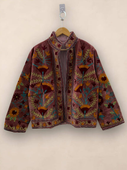 Hand-Embroidered Suzani Velvet Jacket, Rosewood Boho Coat