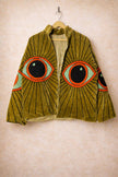 Hand-Embroidered Evil Eye Velvet Jacket, Olive Boho Coat