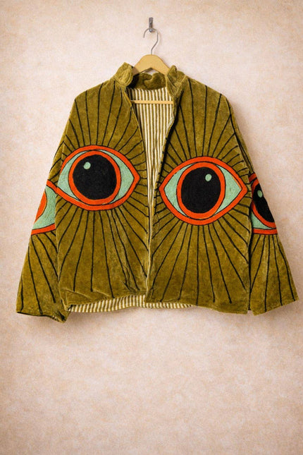 Hand-Embroidered Evil Eye Velvet Jacket, Olive Boho Coat