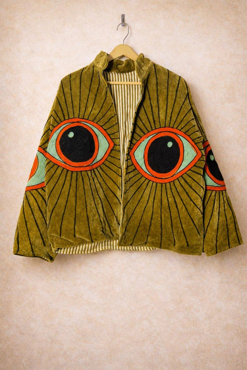 Hand-Embroidered Evil Eye Velvet Jacket, Olive Boho Coat