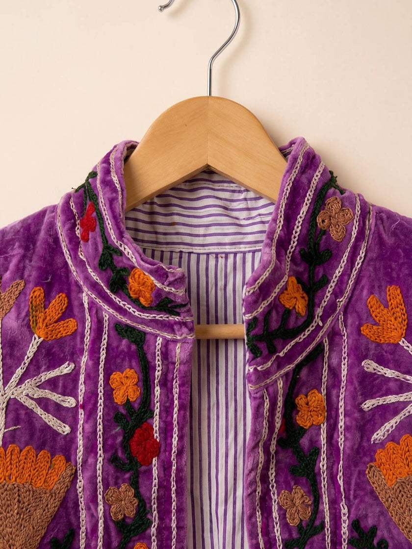 Hand-Embroidered Suzani Velvet Jacket, Floral Boho Coat
