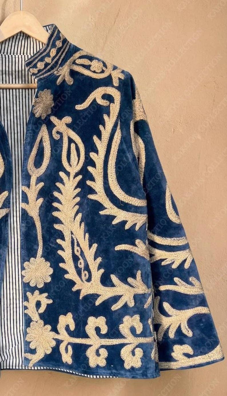 Hand-Embroidered Suzani Velvet Jacket, Blue Paisley Coat