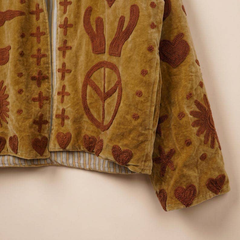 Suzani Embroidered Gold Velvet Jacket — Handmade Boho Statem