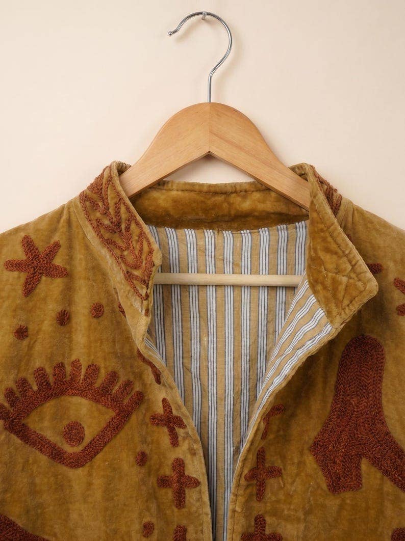 Suzani Embroidered Gold Velvet Jacket — Handmade Boho Statem