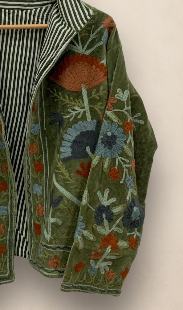 Hand-Embroidered Suzani Velvet Jacket, Green Statement Coat