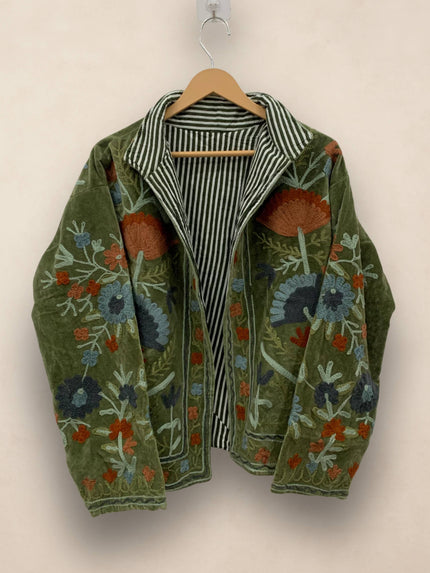 Hand-Embroidered Suzani Velvet Jacket, Green Statement Coat