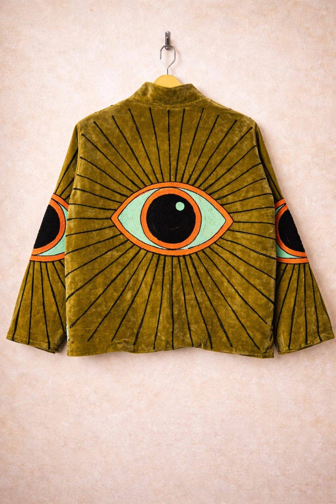 Hand-Embroidered Evil Eye Velvet Jacket, Olive Boho Coat