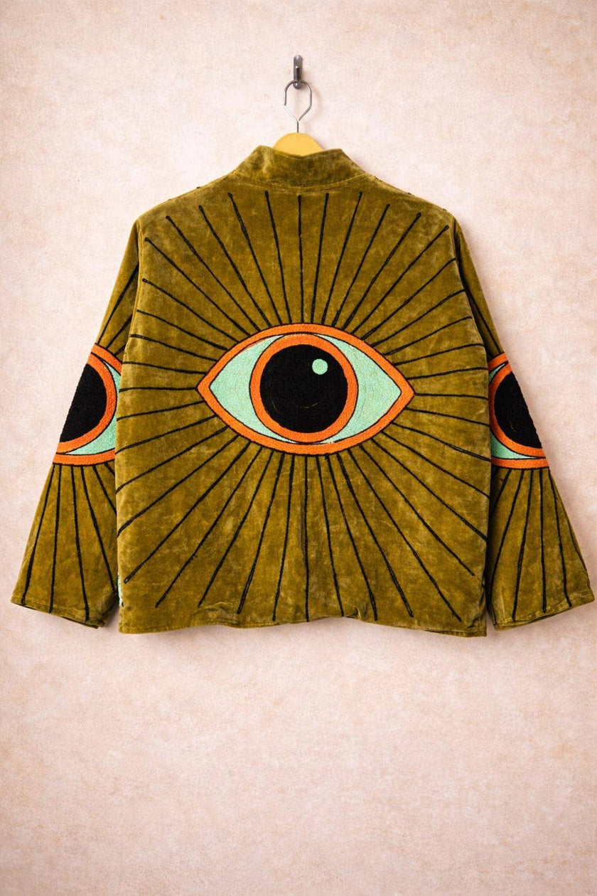 Hand-Embroidered Evil Eye Velvet Jacket, Olive Boho Coat