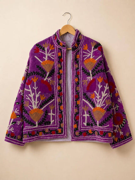 Hand-Embroidered Suzani Velvet Jacket, Floral Boho Coat