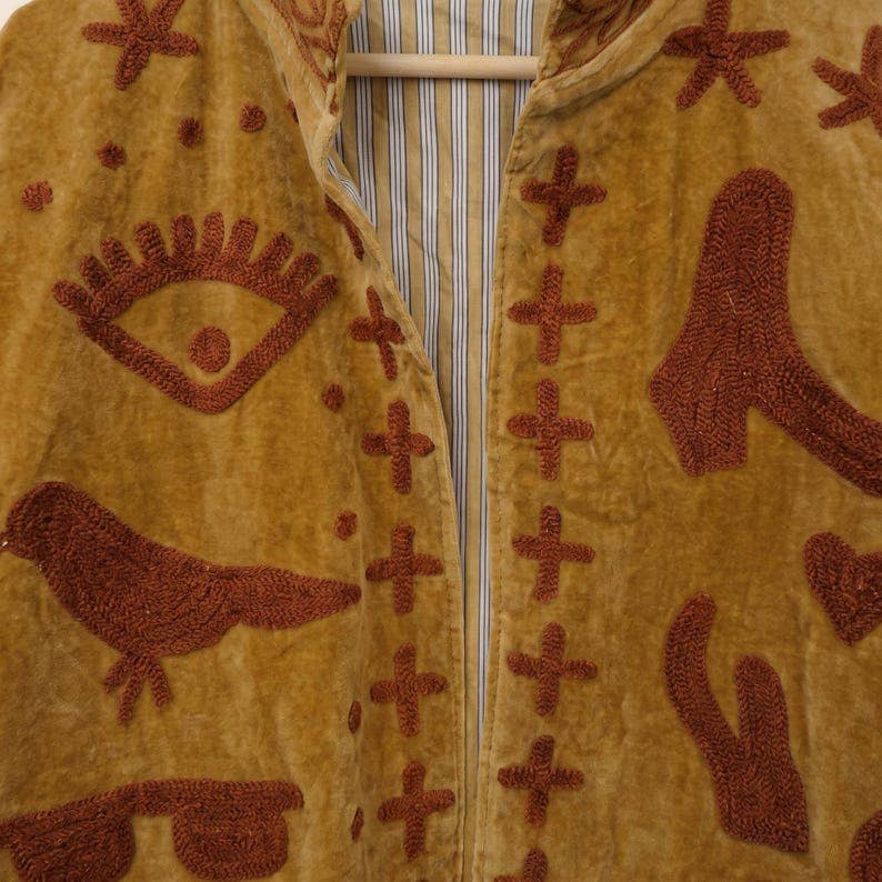 Suzani Embroidered Gold Velvet Jacket — Handmade Boho Statem