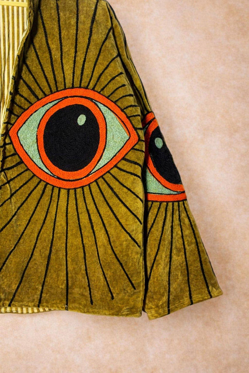 Hand-Embroidered Evil Eye Velvet Jacket, Olive Boho Coat