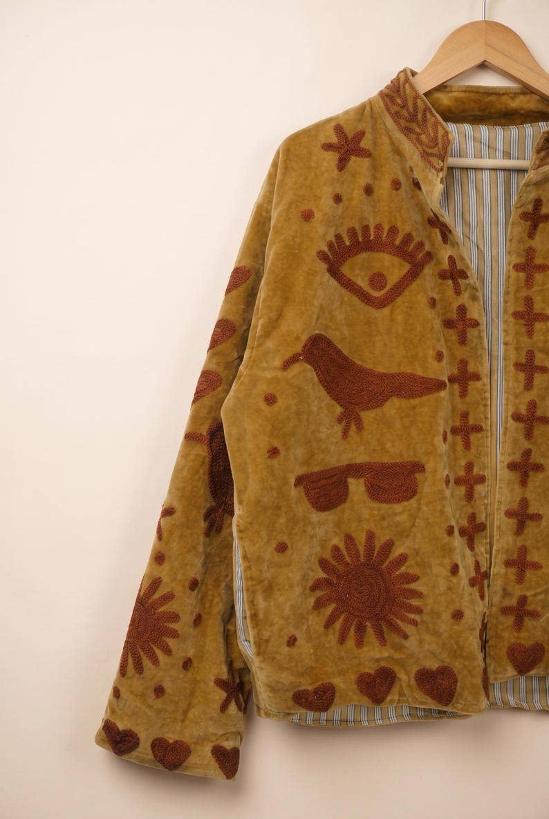 Suzani Embroidered Gold Velvet Jacket — Handmade Boho Statem