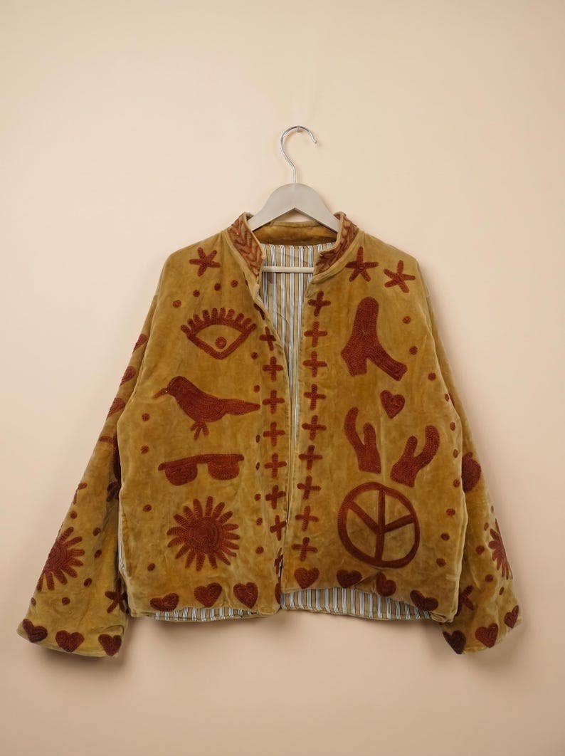 Suzani Embroidered Gold Velvet Jacket — Handmade Boho Statem