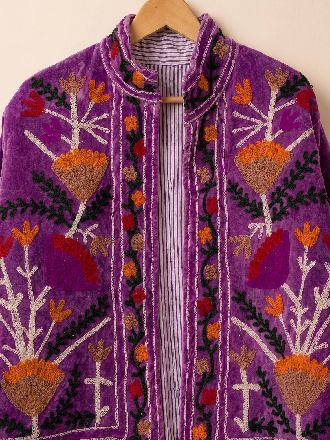 Hand-Embroidered Suzani Velvet Jacket, Floral Boho Coat