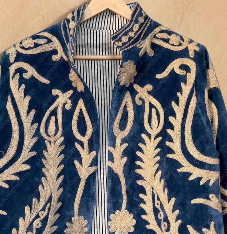 Hand-Embroidered Suzani Velvet Jacket, Blue Paisley Coat