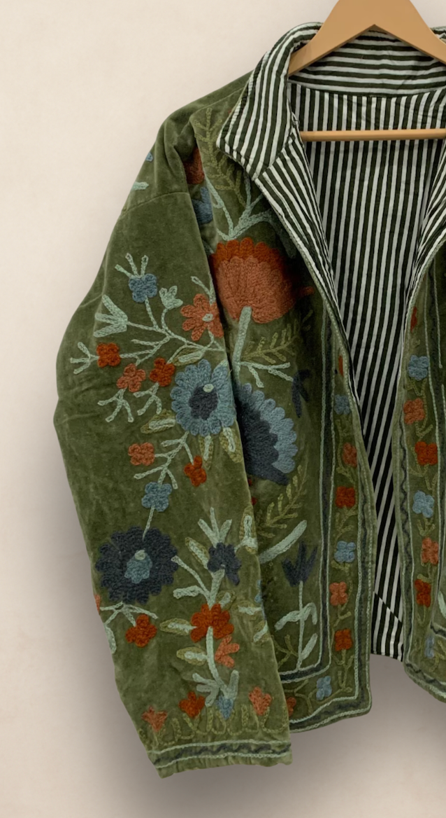 Hand-Embroidered Suzani Velvet Jacket, Green Statement Coat
