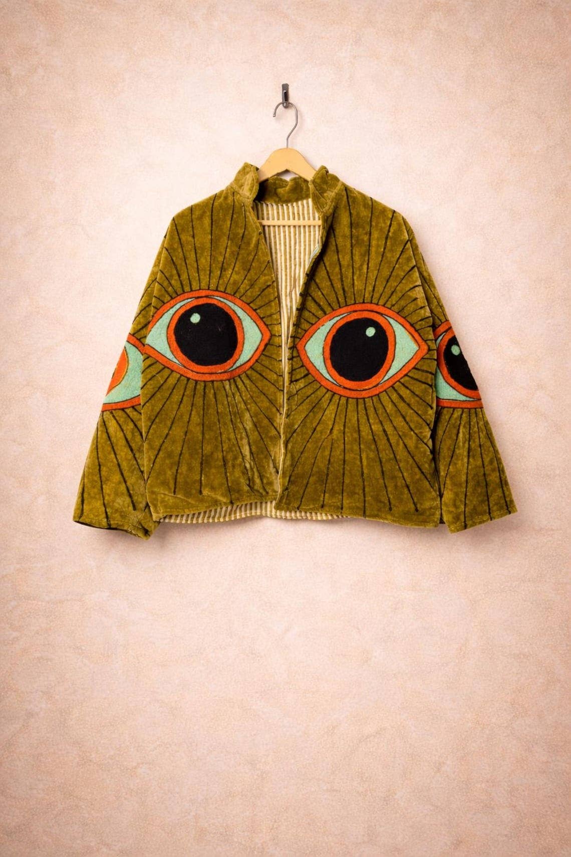 Hand-Embroidered Evil Eye Velvet Jacket, Olive Boho Coat