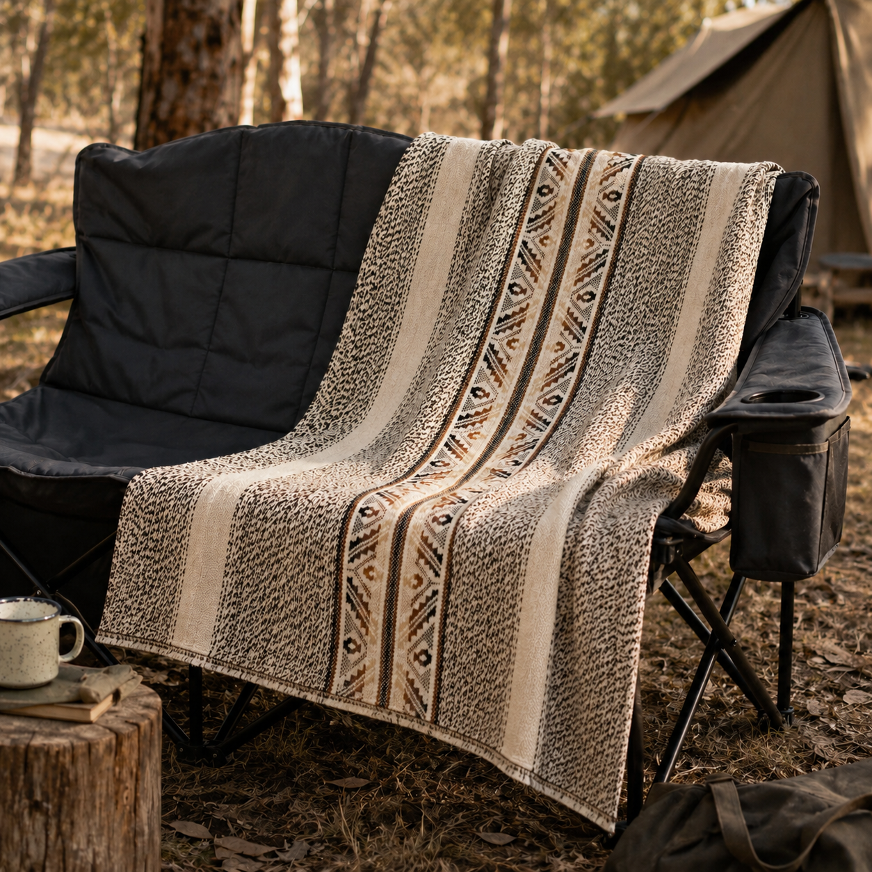 Patterned llama wool throw draped over a camping chair in a Australian bush setting with a tent in the background.