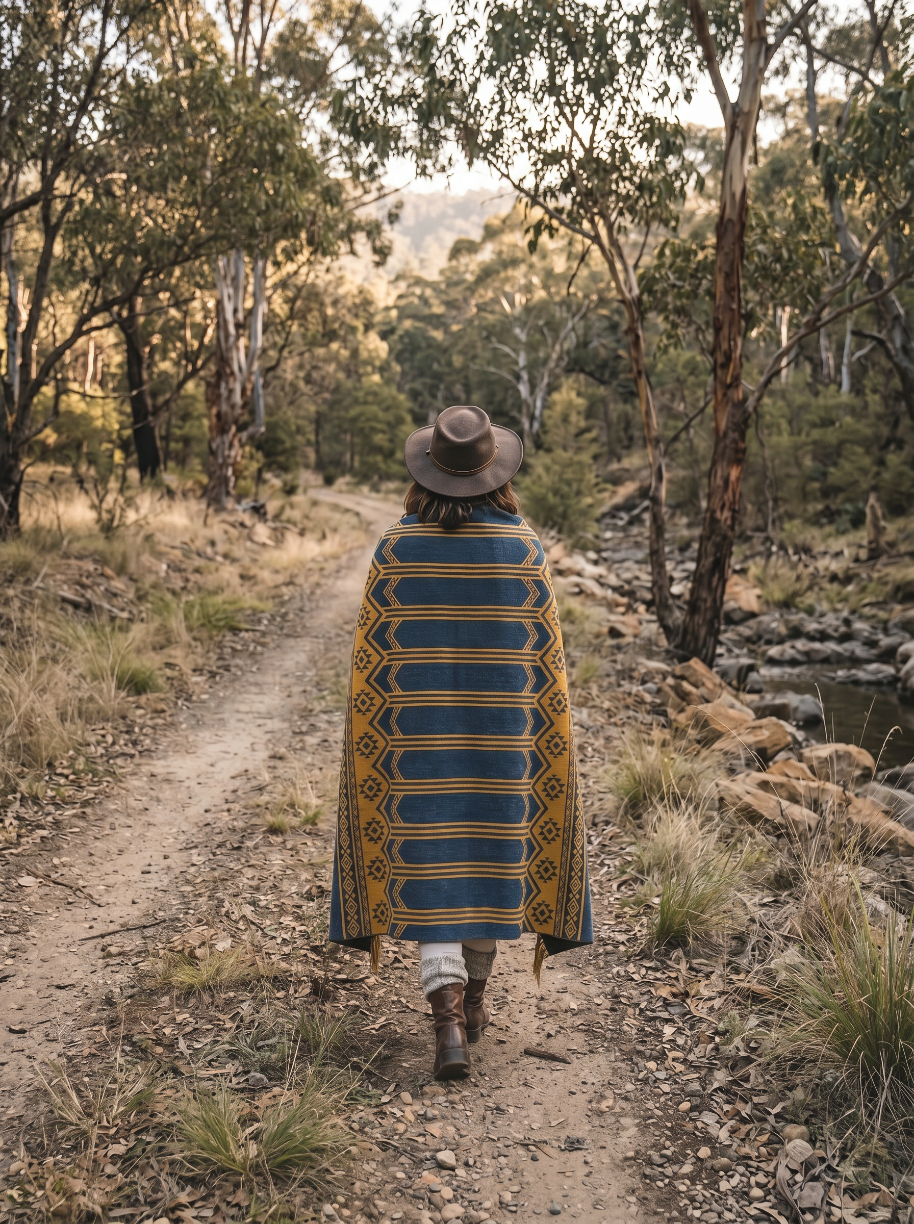 Person walking along a Australian bush path wearing a patterned llama wool blanket and hat.
