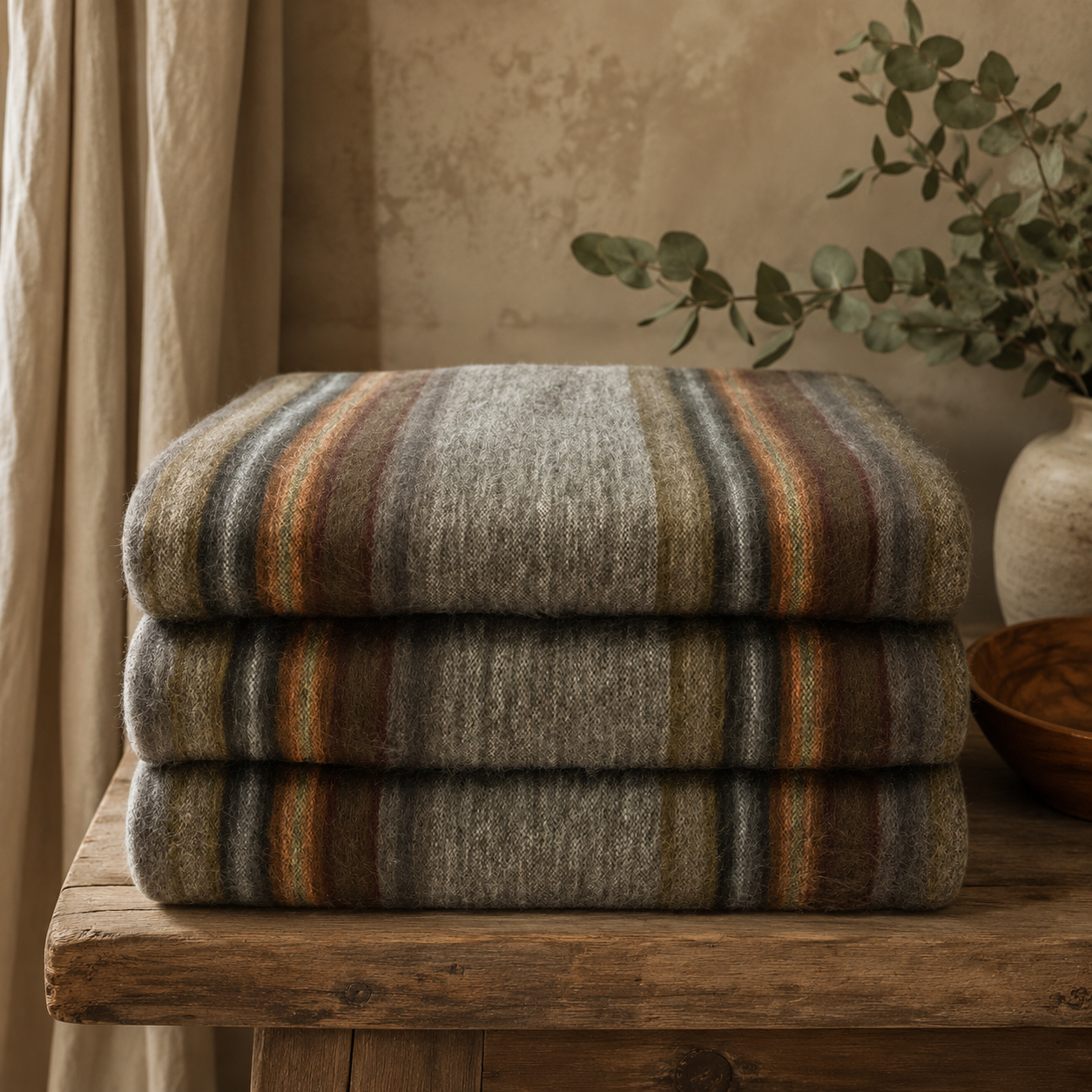 Stack of warm coloured alpaca wool blankets on a wooden surface with a neutral background