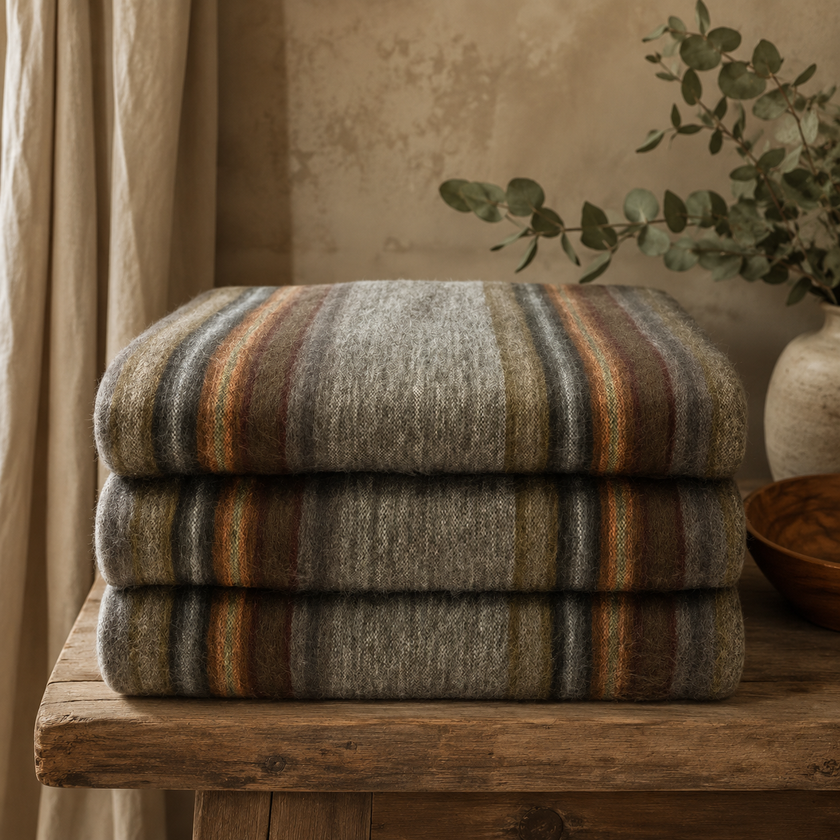 Stack of warm coloured alpaca wool blankets on a wooden surface with a neutral background