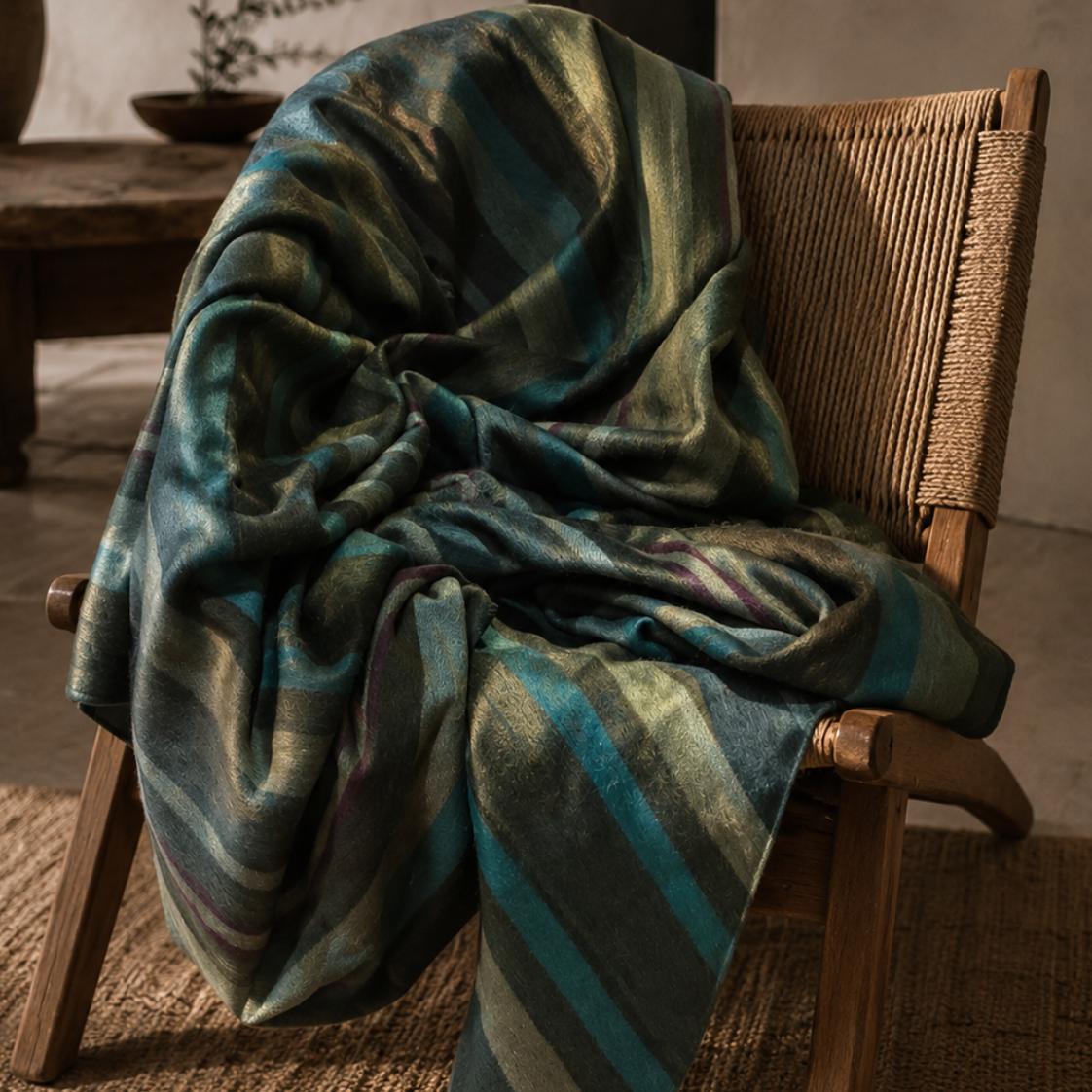 Green striped baby alpaca wool blanket draped over a wooden chair in a cozy room