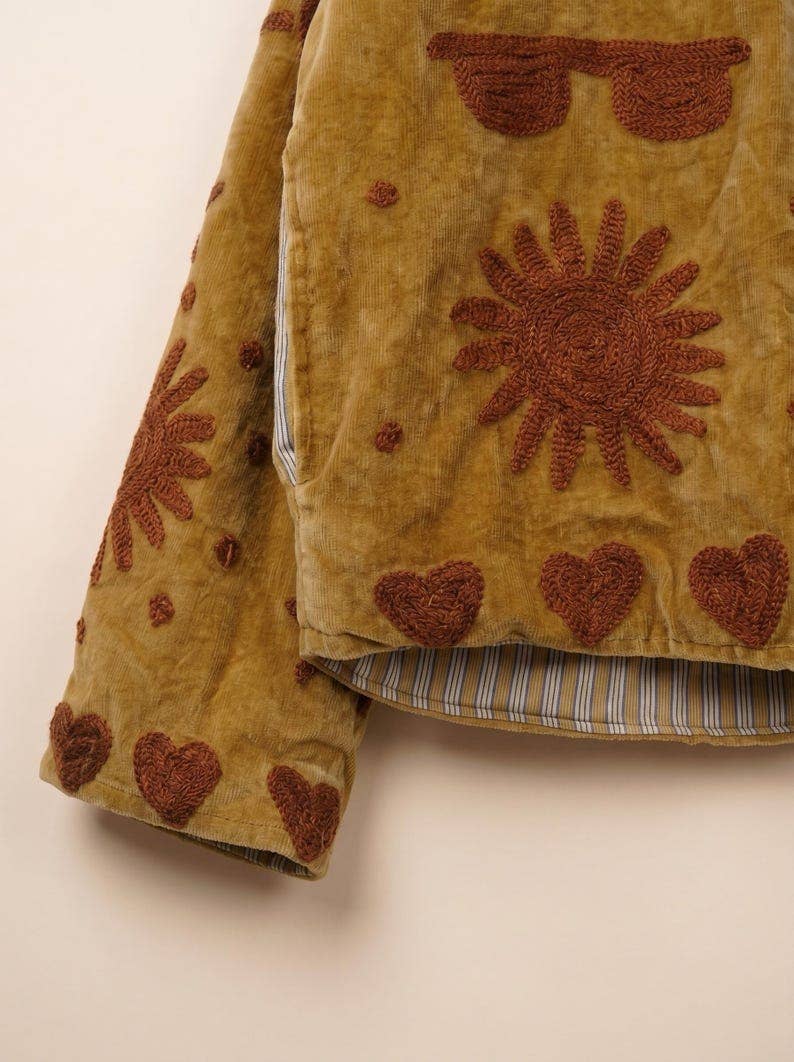 Suzani Embroidered Gold Velvet Jacket — Handmade Boho Statem