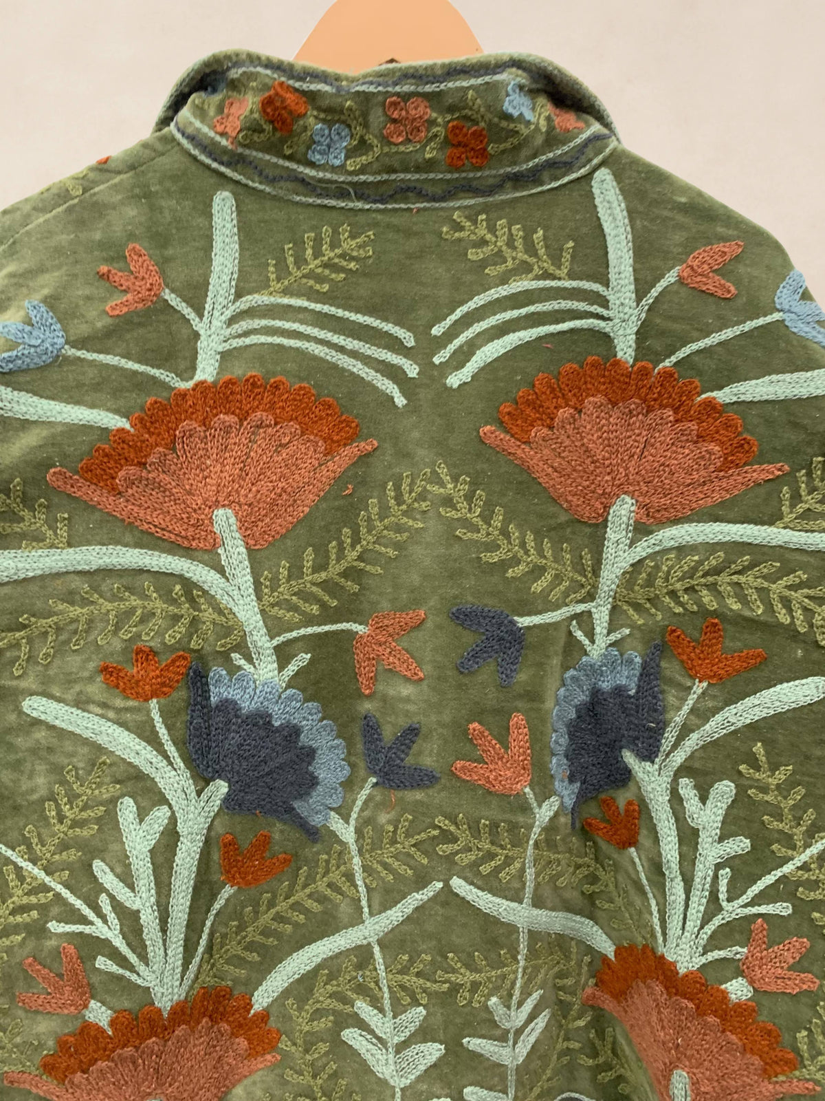 Hand-Embroidered Suzani Velvet Jacket, Green Statement Coat