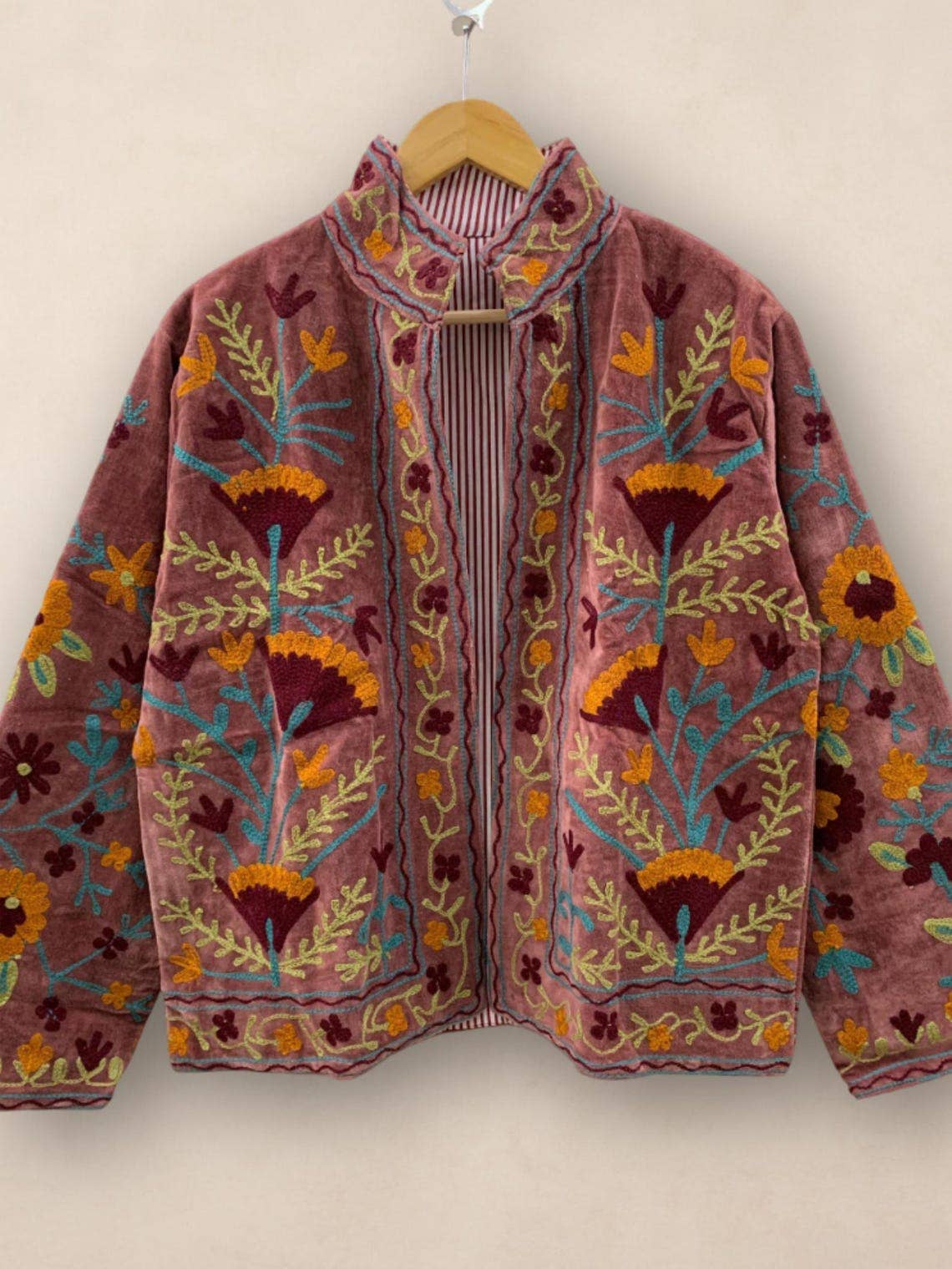 Hand-Embroidered Suzani Velvet Jacket, Rosewood Boho Coat