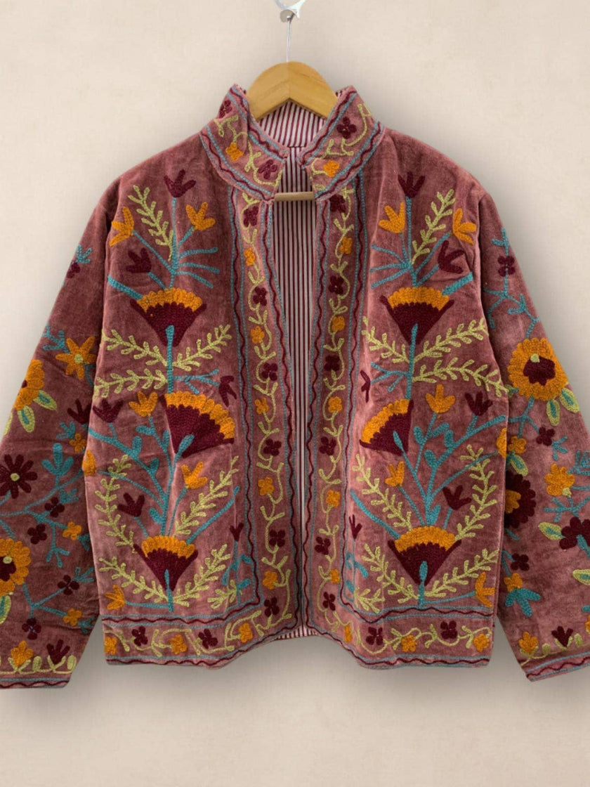 Hand-Embroidered Suzani Velvet Jacket, Rosewood Boho Coat