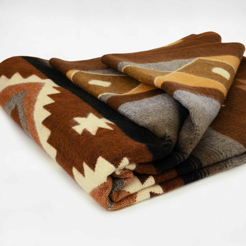 Desert Oak - Baby Alpaca Blanket - Thick Extra Large Reversible - Aztec Southwest Pattern Brown