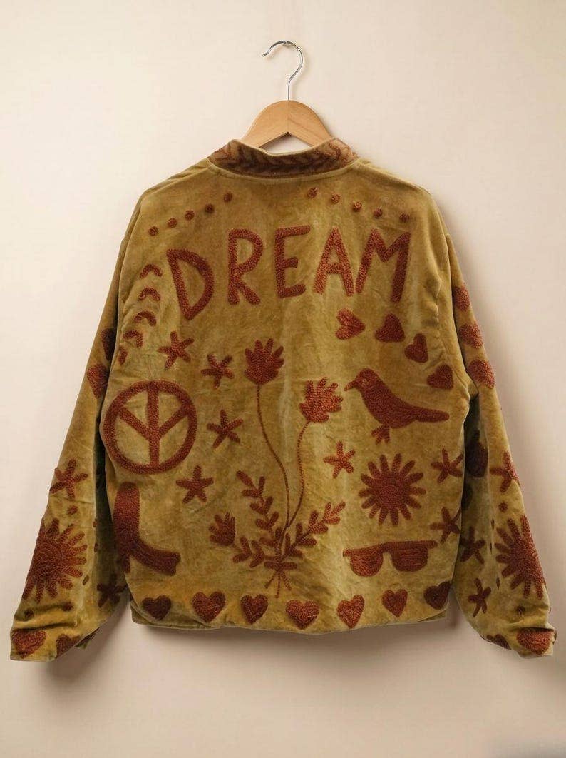 Suzani Embroidered Gold Velvet Jacket — Handmade Boho Statem