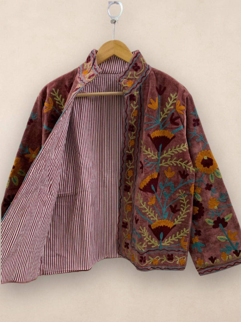 Hand-Embroidered Suzani Velvet Jacket, Rosewood Boho Coat