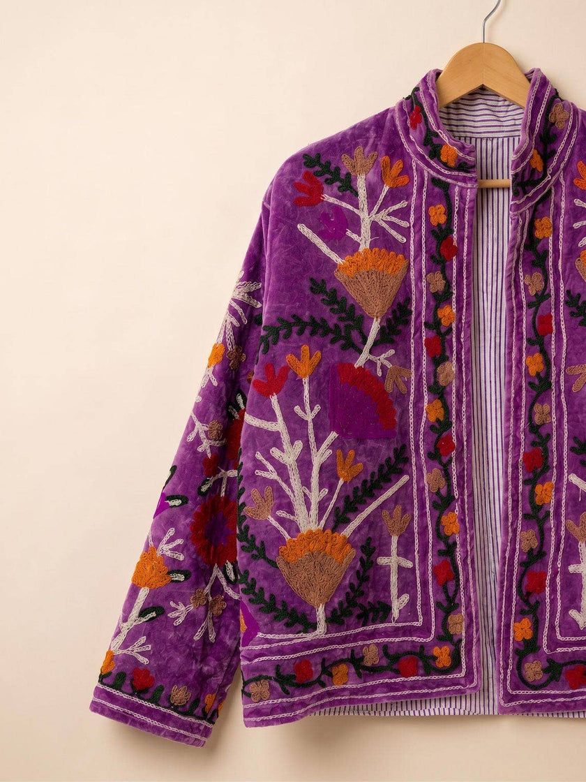 Hand-Embroidered Suzani Velvet Jacket, Floral Boho Coat
