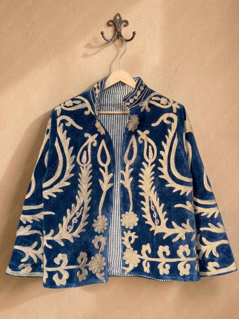 Hand-Embroidered Suzani Velvet Jacket, Blue Paisley Coat