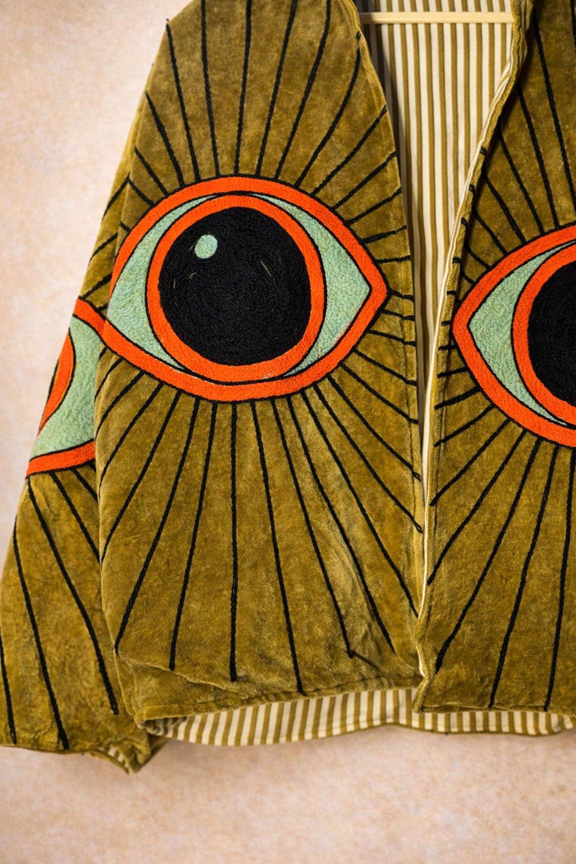 Hand-Embroidered Evil Eye Velvet Jacket, Olive Boho Coat