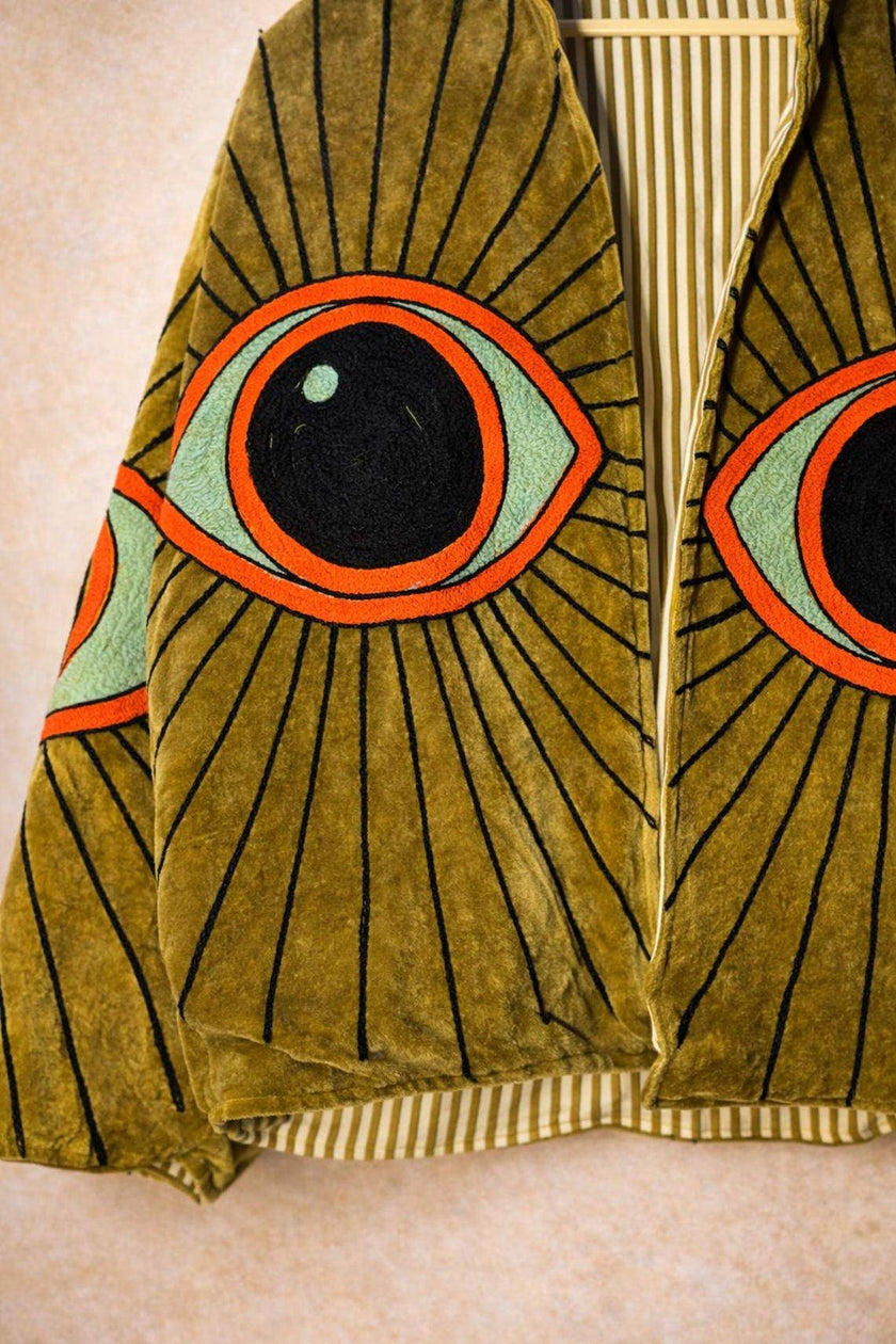Hand-Embroidered Evil Eye Velvet Jacket, Olive Boho Coat