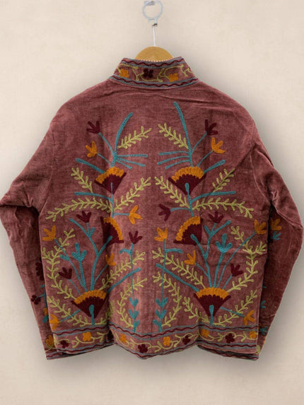 Hand-Embroidered Suzani Velvet Jacket, Rosewood Boho Coat
