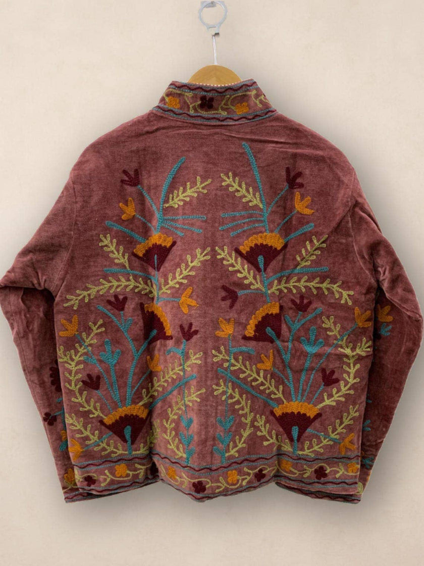 Hand-Embroidered Suzani Velvet Jacket, Rosewood Boho Coat