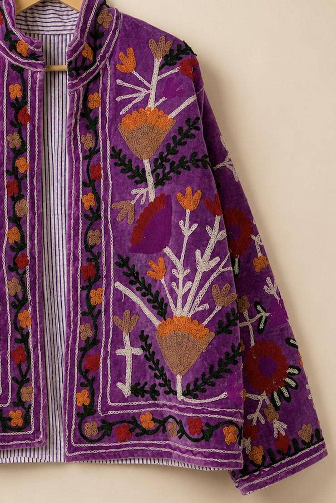 Hand-Embroidered Suzani Velvet Jacket, Floral Boho Coat